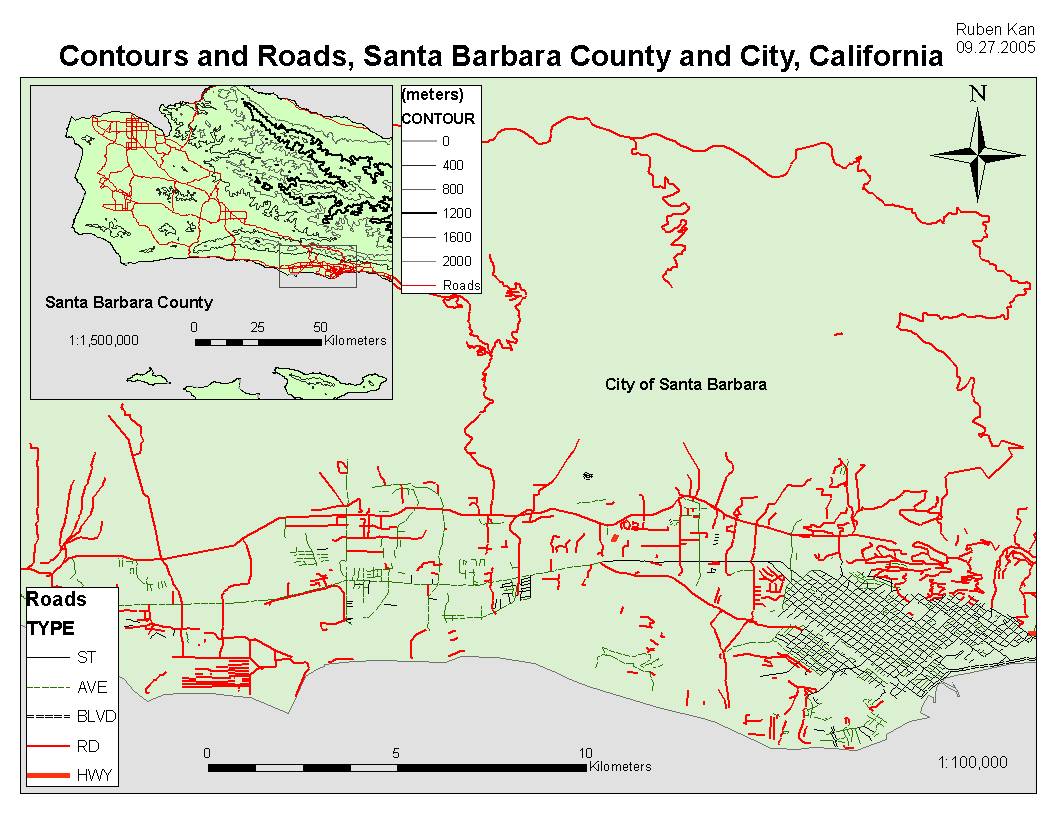 Contours and Roads, Santa Barbara, CA