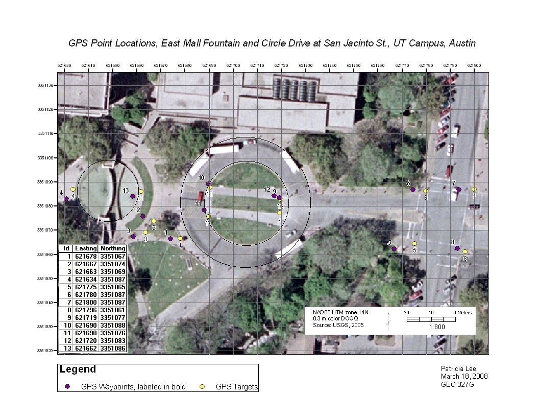 MOW, Lab 9, GPS Point Locations, East Mall Fountain and Circle Drive at San Jacinto St., UT Campus