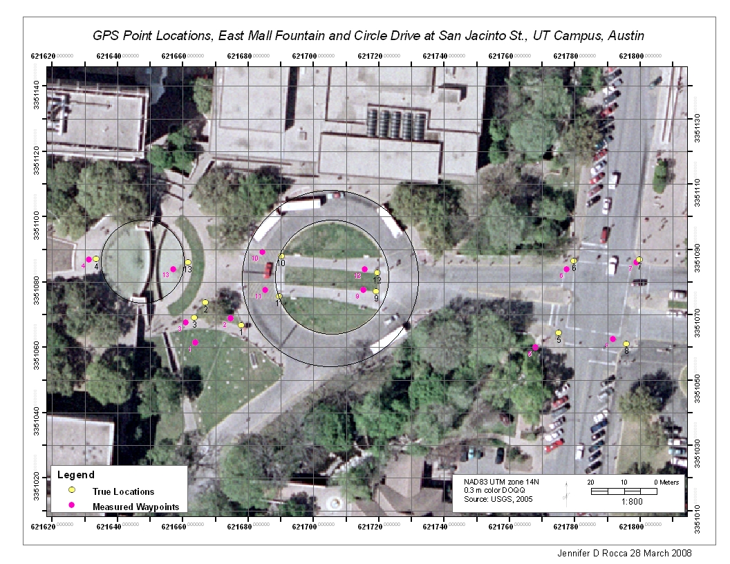 MOW, Lab 9, GPS Point Locations, East Mall Fountain and Circle Drive at San Jacinto St., UT Campus